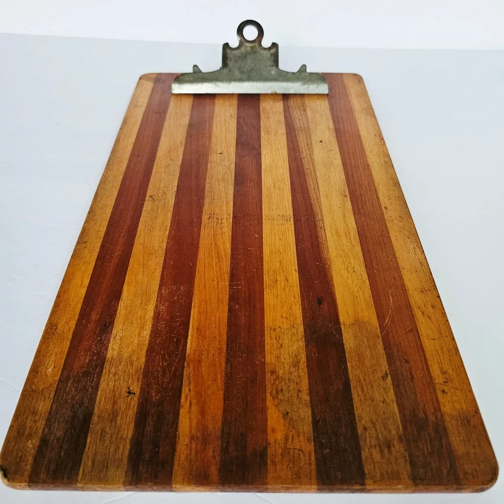 Vintage Wooden Clipboard Vertical Striped Pattern Industrial Metal Clip Rustic